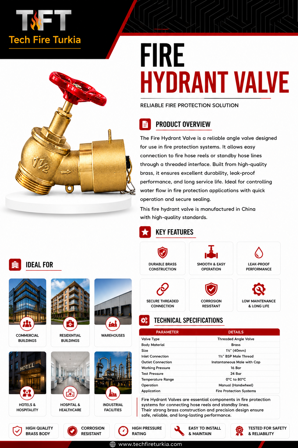 1.5-Inch Brass Fire Hydrant Valve – 16 Bar Threaded Angle Valve - Image 2