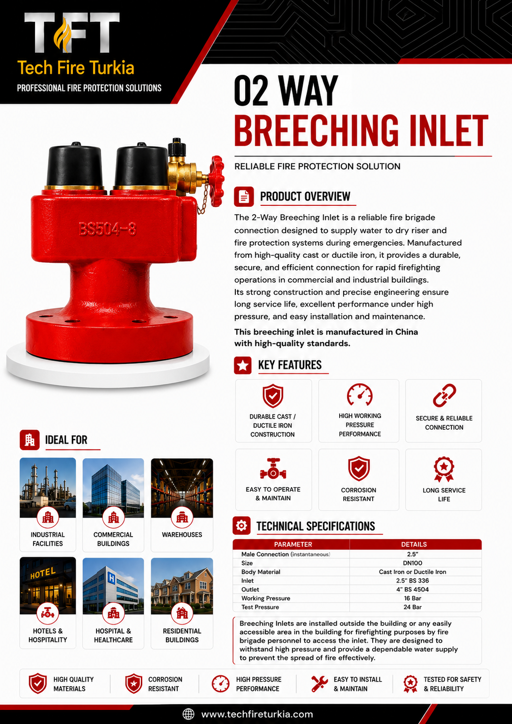 DN100 2-Way Breeching Inlet Fire Brigade Connection – 16 Bar - Image 2