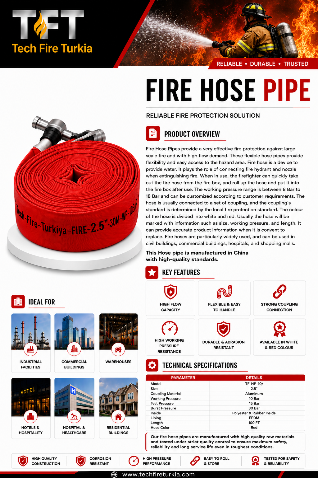 2.5-Inch Red Fire Hose Pipe – 100 FT with Aluminium Couplings - Image 2