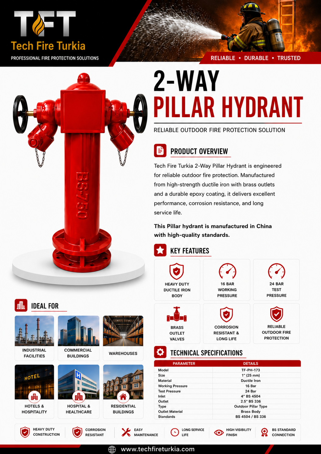 2-Way Outdoor Pillar Fire Hydrant – Ductile Iron, 16 Bar - Image 2